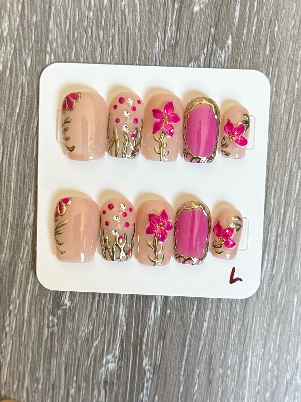 Pink Floral Press-On Nail Set with Gold Accents